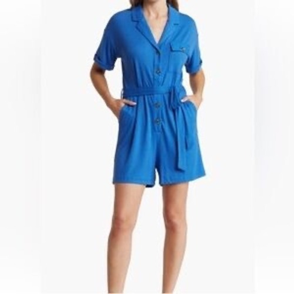 FRNCH Paris Royal Blue Ribbed Short‎ Sleeve Button Front Belted Romper XS